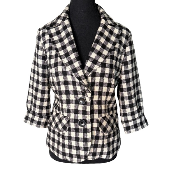 Anthropologie Jackets & Blazers - BURLAPP ANTHROPOLOGIE Wool Checker Plaid Blazer Jacket Gingham 3/4 Sleeves Sz 8
